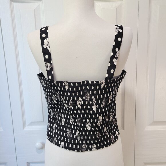 HOT TOPIC Black White Skull Rose Polka Dot Button Cropped Tank Top sz XL Pin-Up - Picture 3 of 7